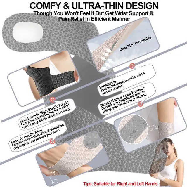 Alt view image 4 of 6 - 2 Pack Ultra Thin Wrist Brace - Wrist Compression Band for Carpal Tunnel, Pain Relief, Arthritis Tendonitis - Carpal Tunnel Brace with Thumb Support - Black