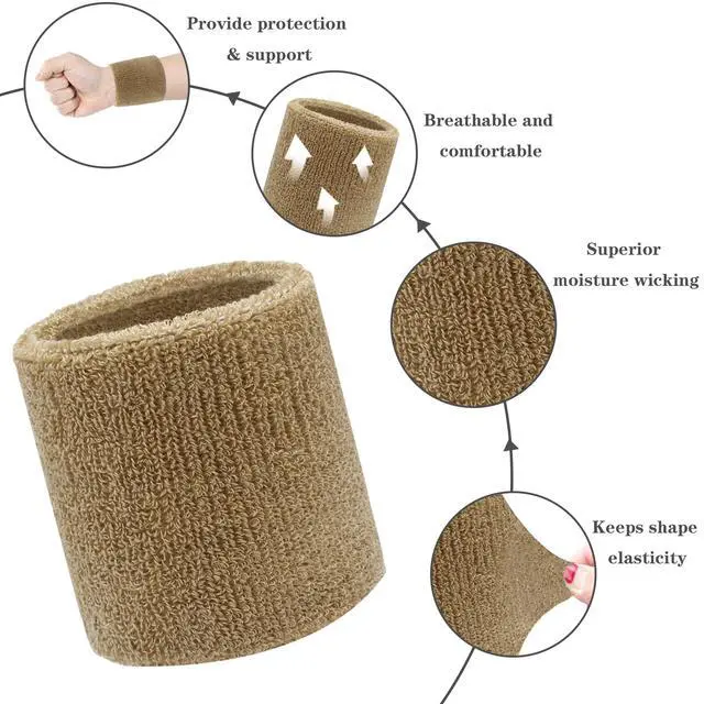 Alt view image 4 of 7 - 8 Pack Wrist Sweatbands Tennis Wrist Bands Absorbent Sweat Band for Men and Women, Breathable Cotton Sweatbands for Working Out, Football, Basketball, Running Athletic Sports -LightCamel