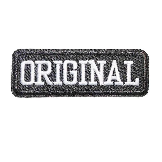 Alt view image 2 of 3 - Sew or Iron on Embroidered Patches | Original Bold Text Design | Vintage Denim Spirit | Fashion Enthusiasts DIY Lovers | Motorcycle Biker Jackets Jeans Backpacks Caps Bags | 3.1"x1" 3PCs Pack