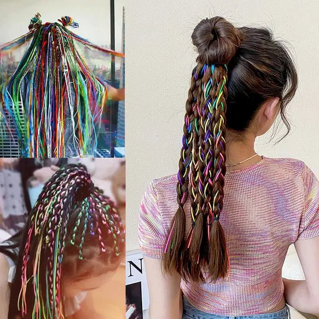 Alt view image 3 of 6 - 52 Pcs Colorful Hair Wrap String For Braids Assorted Rainbow Fashionable Gradient Color Women Girls DIY Ponytail Braids Styling Accessories