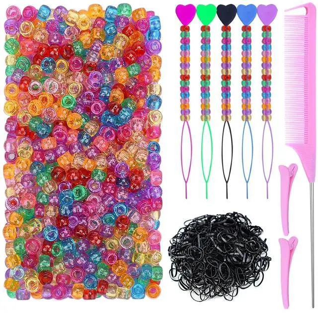 Main image of 1008 Pcs Hair Beads Kit for Girls Hair Braids, 500Pcs 9x6mm Glitter Pony Beads, 500Pcs Mini Elastic Rubber Bands, 5Pcs Quick Beaders, 1Pcs Rattail Comb and 2Pcs Duckbill Clips