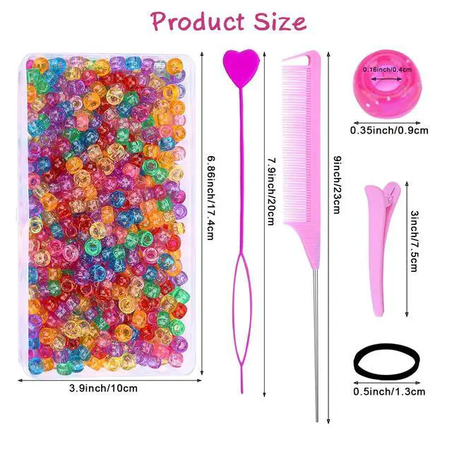 Alt view image 2 of 7 - 1008 Pcs Hair Beads Kit for Girls Hair Braids, 500Pcs 9x6mm Glitter Pony Beads, 500Pcs Mini Elastic Rubber Bands, 5Pcs Quick Beaders, 1Pcs Rattail Comb and 2Pcs Duckbill Clips