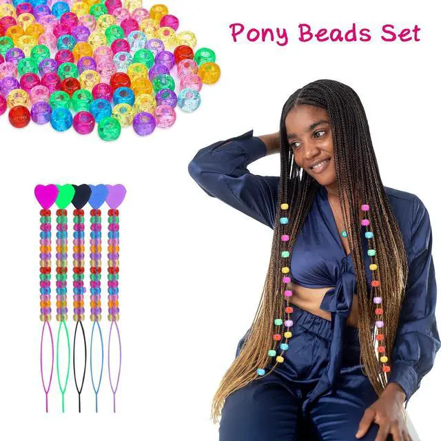 Alt view image 3 of 7 - 1008 Pcs Hair Beads Kit for Girls Hair Braids, 500Pcs 9x6mm Glitter Pony Beads, 500Pcs Mini Elastic Rubber Bands, 5Pcs Quick Beaders, 1Pcs Rattail Comb and 2Pcs Duckbill Clips
