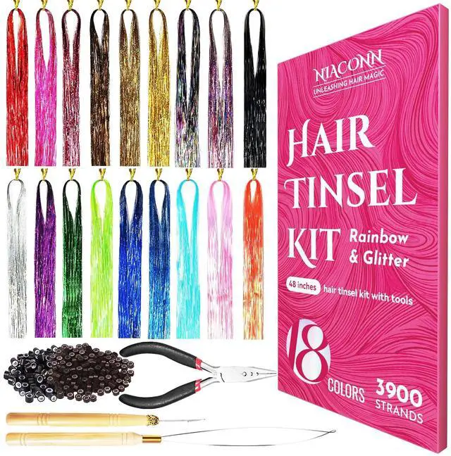 Main image of Glitter Hair Tinsel Extensions Kit 18 Colors with Tools and Beads, 48 Inch Sparkly Fairy Colorful Tensile Strands Shiny Hair Accessories for Women Girls Kids