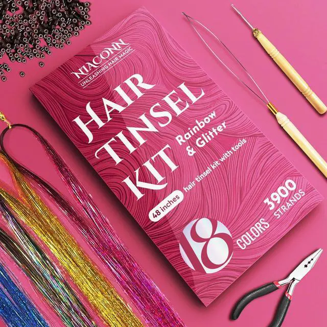 Alt view image 2 of 6 - Glitter Hair Tinsel Extensions Kit 18 Colors with Tools and Beads, 48 Inch Sparkly Fairy Colorful Tensile Strands Shiny Hair Accessories for Women Girls Kids