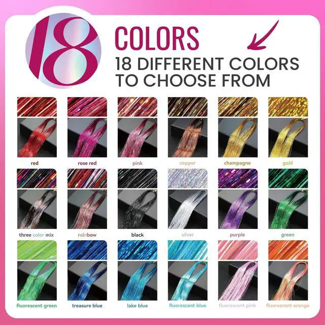 Alt view image 3 of 6 - Glitter Hair Tinsel Extensions Kit 18 Colors with Tools and Beads, 48 Inch Sparkly Fairy Colorful Tensile Strands Shiny Hair Accessories for Women Girls Kids