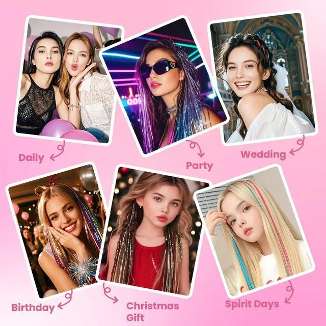 Alt view image 6 of 6 - Glitter Hair Tinsel Extensions Kit 18 Colors with Tools and Beads, 48 Inch Sparkly Fairy Colorful Tensile Strands Shiny Hair Accessories for Women Girls Kids