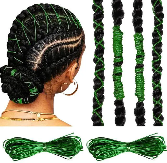 Main image of Green Braids Hair Accessories, 2 Pieces 5M Braiding Hair Deco Styling Shimmer Stretchable African Braid Braided Elastic Cord Ornament Hanging Decorating Gift Wrapping