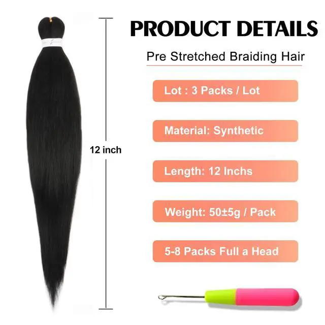 Alt view image 2 of 6 - Kids Braiding Hair Pre Stretched 12 Inch 3Packs, Short Pre stretched Braiding Hair for Professional Braiding Hair Extensions, Hot Water Setting Yaki Texture Synthetic Hair Natural Black(1B)
