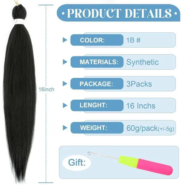 Alt view image 3 of 7 - Kids Braiding Hair Pre stretched Natural Black 16 Inch 3 Packs,1B#