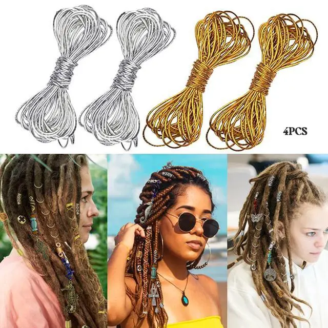 Alt view image 2 of 7 - 4 Pieces 5M Elastic Cords Braids Hair Dreadlock Braids Hair Accessories Metallic Tinsel Stretch Cord Ribbon Gold Silver String Jewelry Thread for Hair Braiding Ornament Hanging and Gift Wrapping