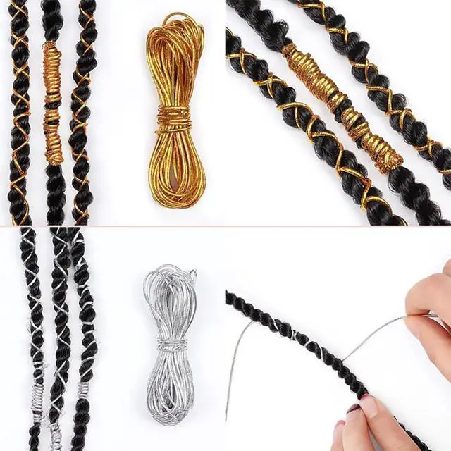 Alt view image 3 of 7 - 4 Pieces 5M Elastic Cords Braids Hair Dreadlock Braids Hair Accessories Metallic Tinsel Stretch Cord Ribbon Gold Silver String Jewelry Thread for Hair Braiding Ornament Hanging and Gift Wrapping