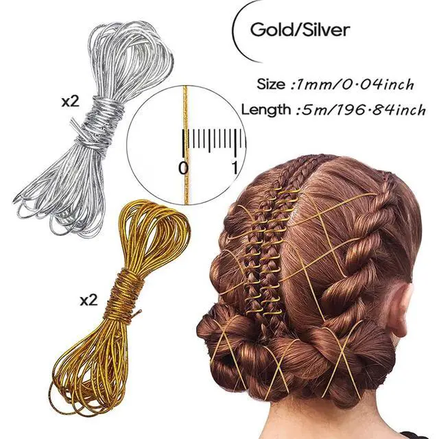 Alt view image 4 of 7 - 4 Pieces 5M Elastic Cords Braids Hair Dreadlock Braids Hair Accessories Metallic Tinsel Stretch Cord Ribbon Gold Silver String Jewelry Thread for Hair Braiding Ornament Hanging and Gift Wrapping