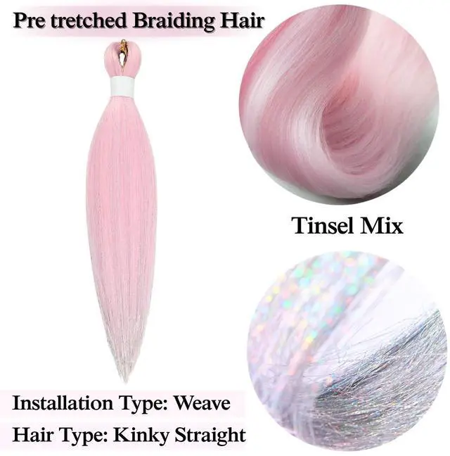 Alt view image 3 of 7 - Light Pink Tinsel Kids Braiding Hair Pre stretched for Glitter Braids Soft