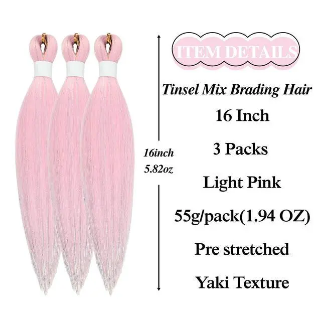Alt view image 2 of 7 - Light Pink Tinsel Kids Braiding Hair Pre stretched for Glitter Braids Soft