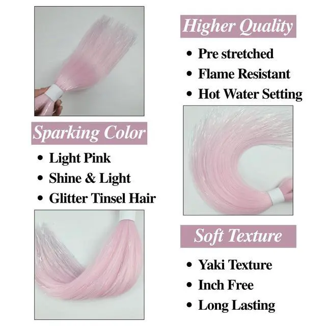 Alt view image 4 of 7 - Light Pink Tinsel Kids Braiding Hair Pre stretched for Glitter Braids Soft