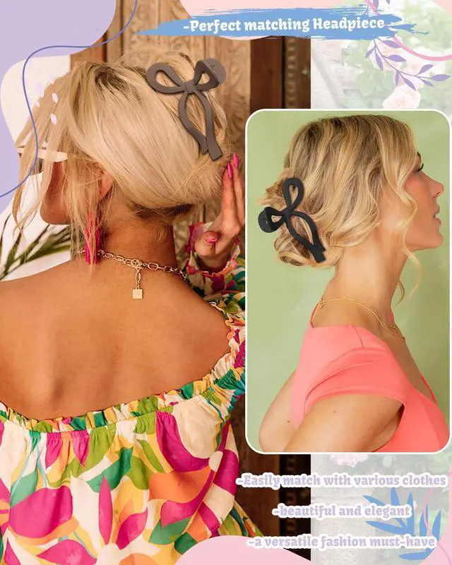 Alt view image 3 of 7 - 4 PCS Bow Hair Claw Clip for Women, 5.1" Big Claw Clips for Thick Hair