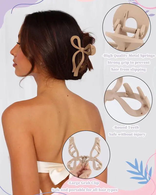 Alt view image 4 of 7 - 4 PCS Bow Hair Claw Clip for Women, 5.1" Big Claw Clips for Thick Hair