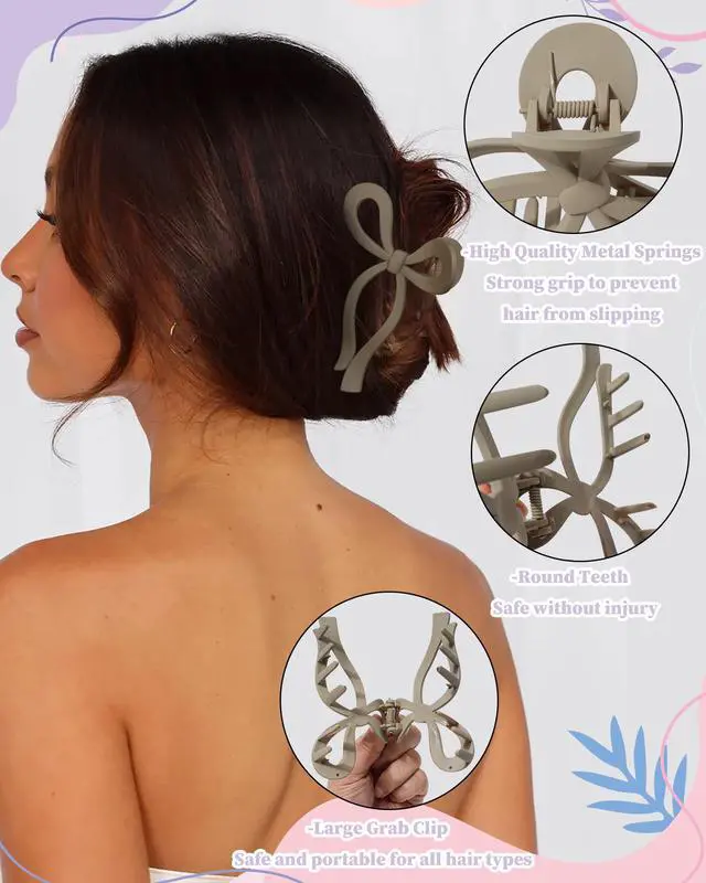 Alt view image 4 of 7 - 4 PCS Bow Hair Claw Clip for Women, 5.1" Big Claw Clips for Thick Hair