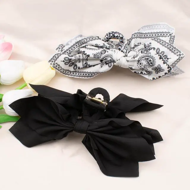 Alt view image 7 of 7 - Bow Claw Clips Bow Hair Clips Black White Paisley 2PCS Big Hair Bows for Women Butterfly Styling Large Hair Clips for Thick Hair for Girls Hair Accessories for Teen Gifts for Ladies
