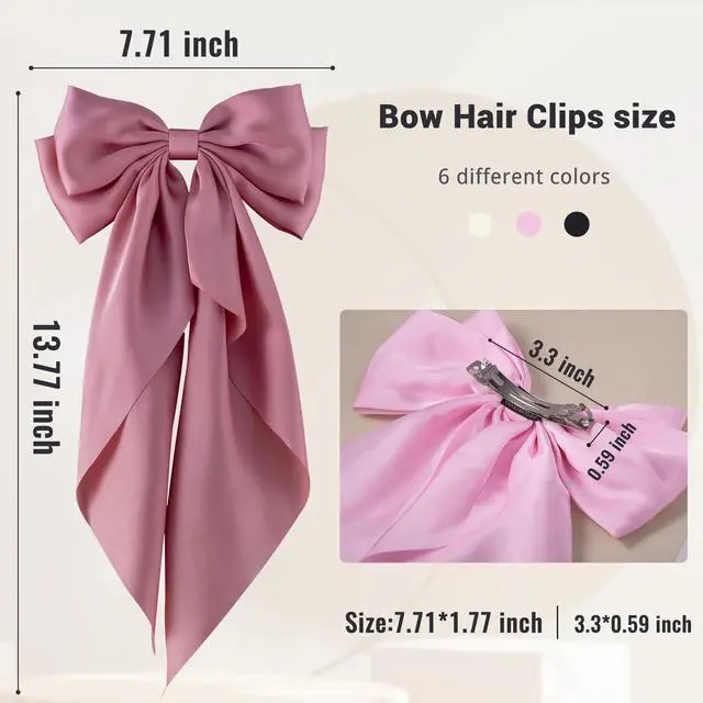 Alt view image 2 of 7 - 6Pcs Large Bows Hair Clips for Women Girls Long Tail Hair Ribbon Silky Satin Barrettes Coquette Bows Accessories (Black/Pink/Red/White)