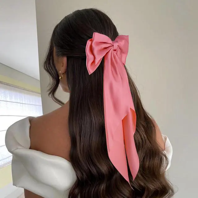 Alt view image 3 of 7 - 6Pcs Large Bows Hair Clips for Women Girls Long Tail Hair Ribbon Silky Satin Barrettes Coquette Bows Accessories (Black/Pink/Red/White)