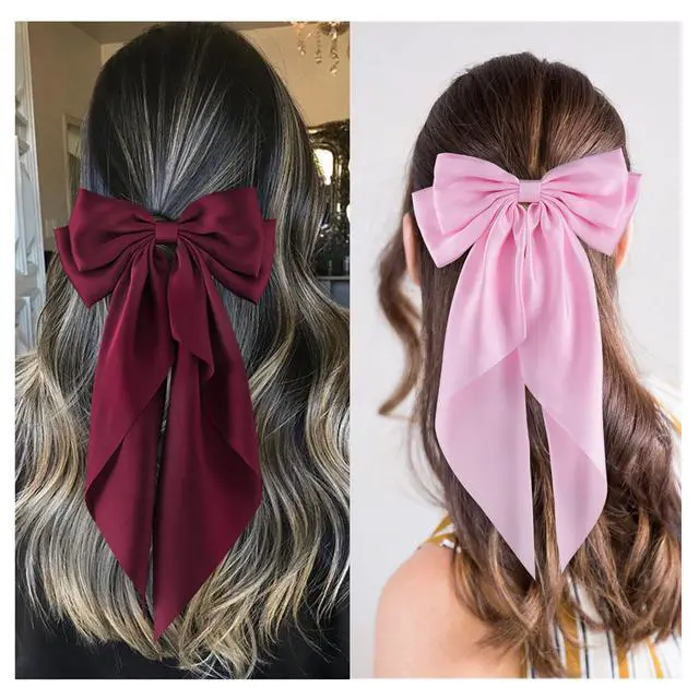 Alt view image 4 of 7 - 6Pcs Large Bows Hair Clips for Women Girls Long Tail Hair Ribbon Silky Satin Barrettes Coquette Bows Accessories (Black/Pink/Red/White)