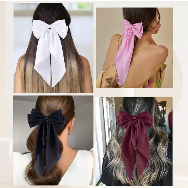 Alt view image 6 of 7 - 6Pcs Large Bows Hair Clips for Women Girls Long Tail Hair Ribbon Silky Satin Barrettes Coquette Bows Accessories (Black/Pink/Red/White)
