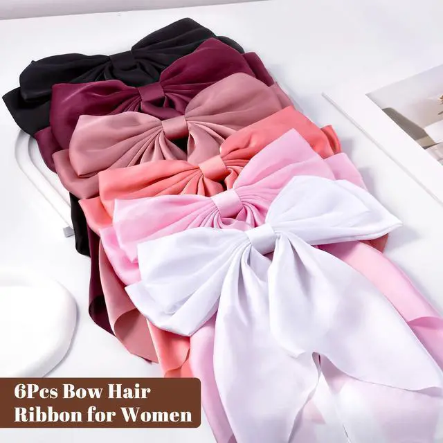 Alt view image 7 of 7 - 6Pcs Large Bows Hair Clips for Women Girls Long Tail Hair Ribbon Silky Satin Barrettes Coquette Bows Accessories (Black/Pink/Red/White)