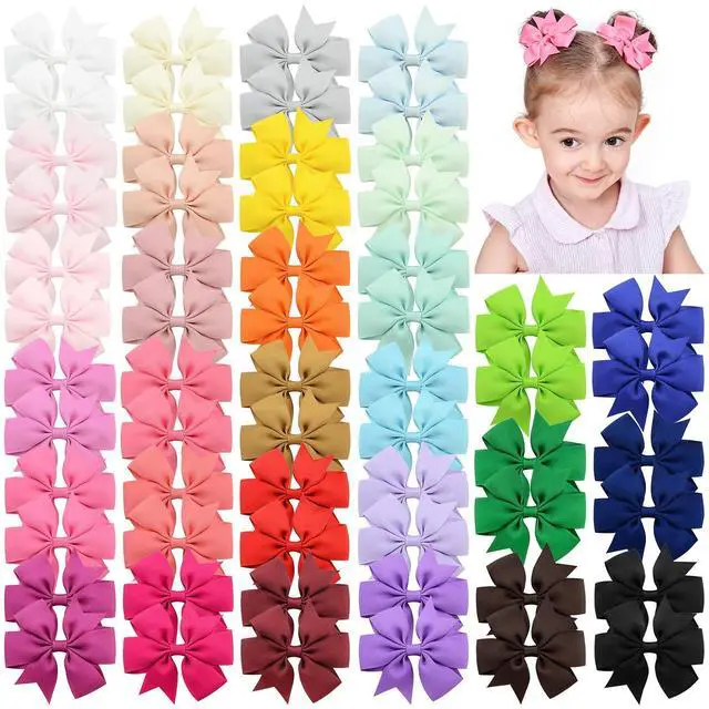 Main image of 60pcs 3 Inches Boutique Grosgrain Ribbon Pinwheel Hair Bows for Baby Girls, Toddler Bows Hair Clip Birthday Gifts In Pair