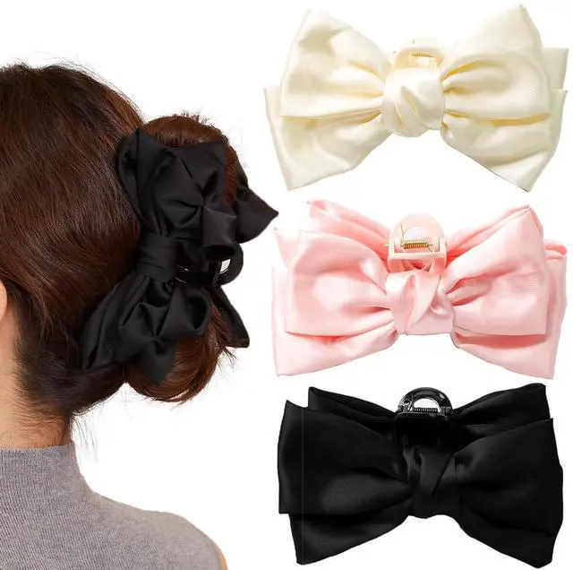 Main image of 3 PCS Large Bow Hair Claw Clips Satin Bow Claw Clip for Women Girl with Long Thick Hair 5.9 inch Elegant Hair Ribbon Design for all types Big (Black+White+Pink)