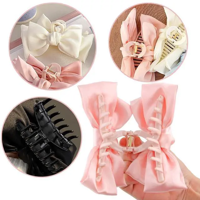 Alt view image 3 of 7 - 3 PCS Large Bow Hair Claw Clips Satin Bow Claw Clip for Women Girl with Long Thick Hair 5.9 inch Elegant Hair Ribbon Design for all types Big (Black+White+Pink)