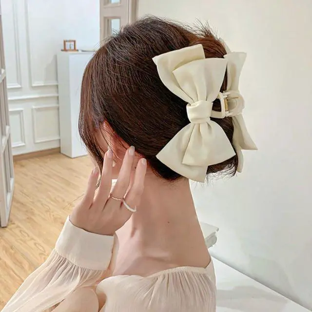 Alt view image 4 of 7 - 3 PCS Large Bow Hair Claw Clips Satin Bow Claw Clip for Women Girl with Long Thick Hair 5.9 inch Elegant Hair Ribbon Design for all types Big (Black+White+Pink)
