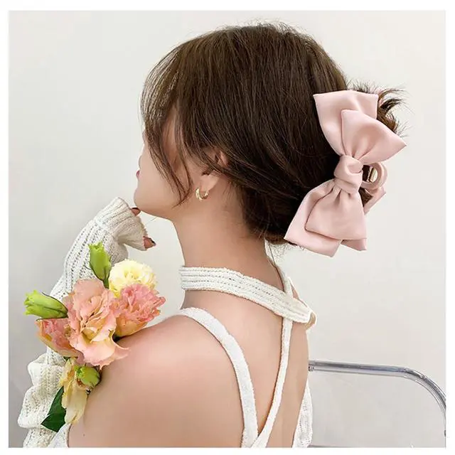 Alt view image 5 of 7 - 3 PCS Large Bow Hair Claw Clips Satin Bow Claw Clip for Women Girl with Long Thick Hair 5.9 inch Elegant Hair Ribbon Design for all types Big (Black+White+Pink)