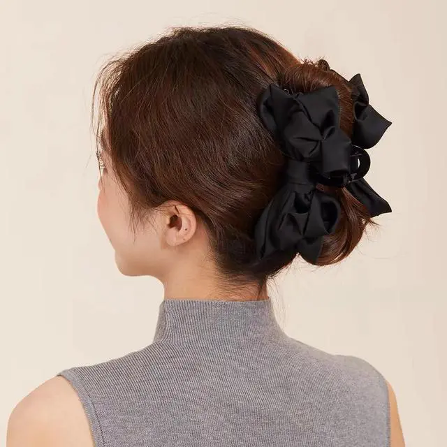 Alt view image 6 of 7 - 3 PCS Large Bow Hair Claw Clips Satin Bow Claw Clip for Women Girl with Long Thick Hair 5.9 inch Elegant Hair Ribbon Design for all types Big (Black+White+Pink)