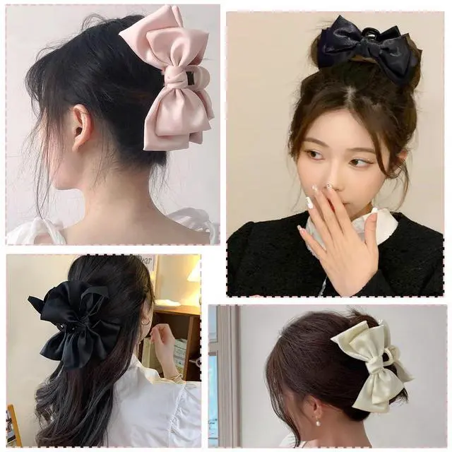 Alt view image 7 of 7 - 3 PCS Large Bow Hair Claw Clips Satin Bow Claw Clip for Women Girl with Long Thick Hair 5.9 inch Elegant Hair Ribbon Design for all types Big (Black+White+Pink)