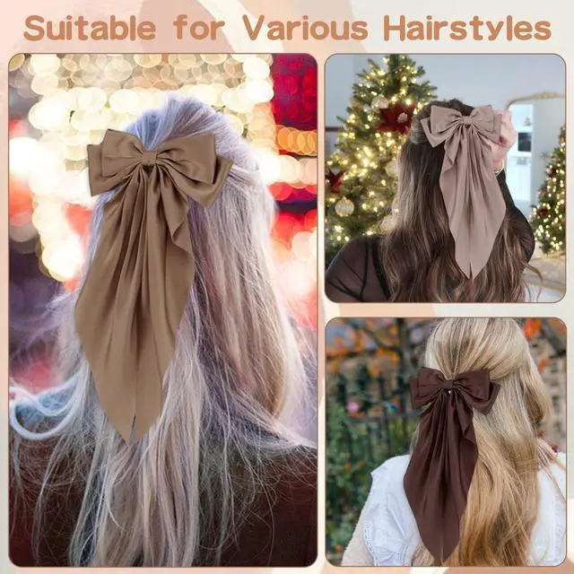 Alt view image 2 of 7 - 6 PCS Hair Bows for Women, Big Bow Hair Clips for Girls, Silky Satin Hair Bows Clips Oversized Long Tail, Large Hair Barrettes Cute Aesthetic Hair Accessories, Metal Bow Hair Clips Neutral Color