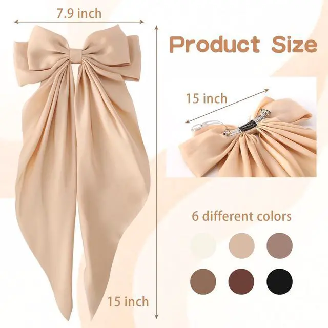 Alt view image 3 of 7 - 6 PCS Hair Bows for Women, Big Bow Hair Clips for Girls, Silky Satin Hair Bows Clips Oversized Long Tail, Large Hair Barrettes Cute Aesthetic Hair Accessories, Metal Bow Hair Clips Neutral Color