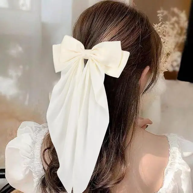 Alt view image 4 of 7 - 6 PCS Hair Bows for Women, Big Bow Hair Clips for Girls, Silky Satin Hair Bows Clips Oversized Long Tail, Large Hair Barrettes Cute Aesthetic Hair Accessories, Metal Bow Hair Clips Neutral Color