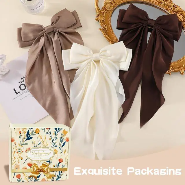 Alt view image 5 of 7 - 6 PCS Hair Bows for Women, Big Bow Hair Clips for Girls, Silky Satin Hair Bows Clips Oversized Long Tail, Large Hair Barrettes Cute Aesthetic Hair Accessories, Metal Bow Hair Clips Neutral Color