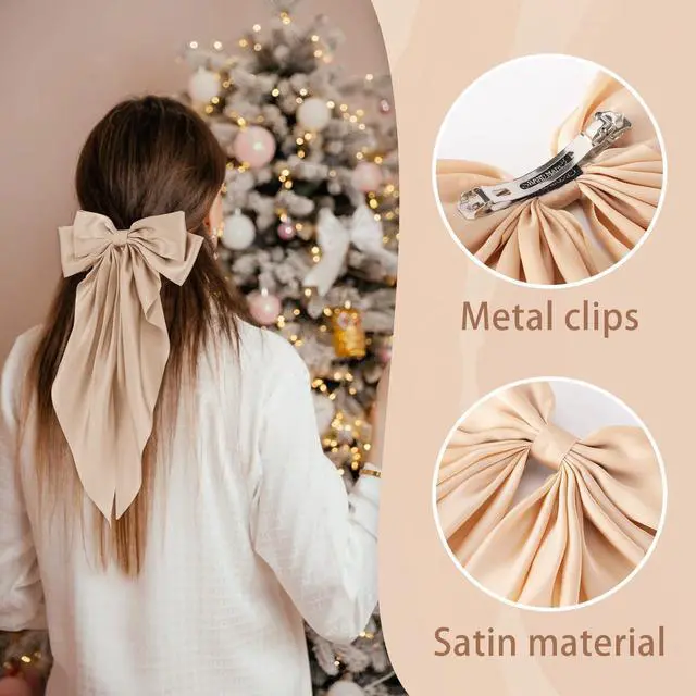 Alt view image 6 of 7 - 6 PCS Hair Bows for Women, Big Bow Hair Clips for Girls, Silky Satin Hair Bows Clips Oversized Long Tail, Large Hair Barrettes Cute Aesthetic Hair Accessories, Metal Bow Hair Clips Neutral Color