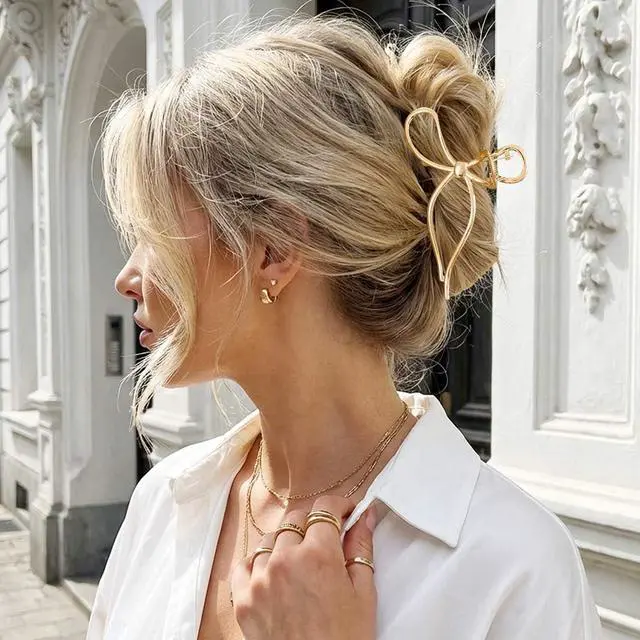 Alt view image 5 of 7 - Bow Claw Clip Gold Metal Hair Clips Medium Hair Jaw Clamps Stylish Hair Accessories for Women and Girls (Pack of 2)