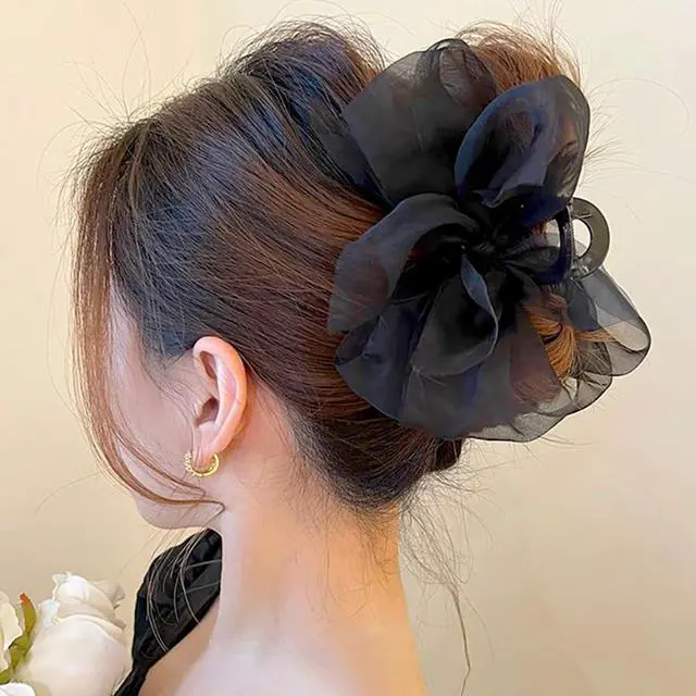 Main image of Black Mesh Tulle Bowknot Hair Claw Clips - Large Chiffon Clips for Women's Thick Hair, Elegant Hair Accessories