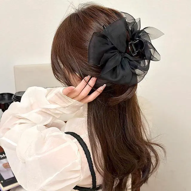 Alt view image 2 of 7 - Black Mesh Tulle Bowknot Hair Claw Clips - Large Chiffon Clips for Women's Thick Hair, Elegant Hair Accessories