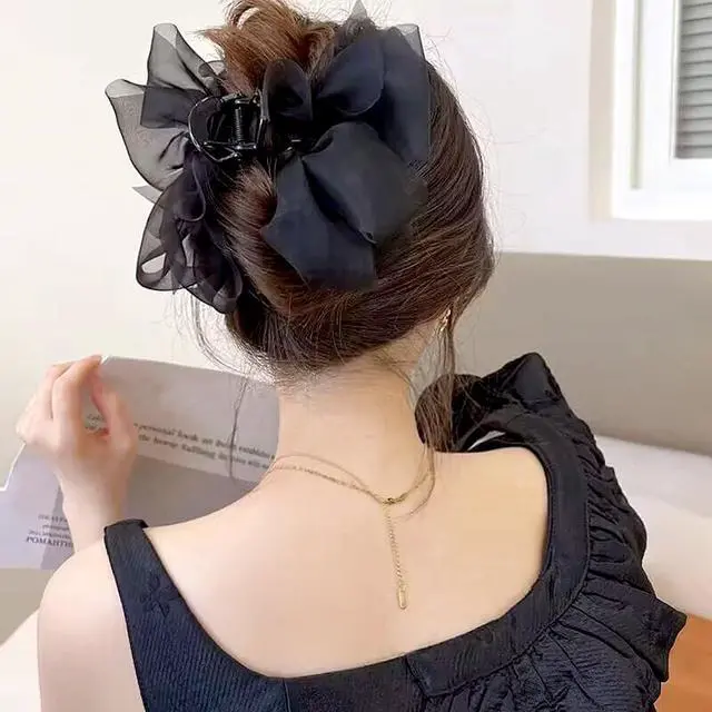 Alt view image 5 of 7 - Black Mesh Tulle Bowknot Hair Claw Clips - Large Chiffon Clips for Women's Thick Hair, Elegant Hair Accessories