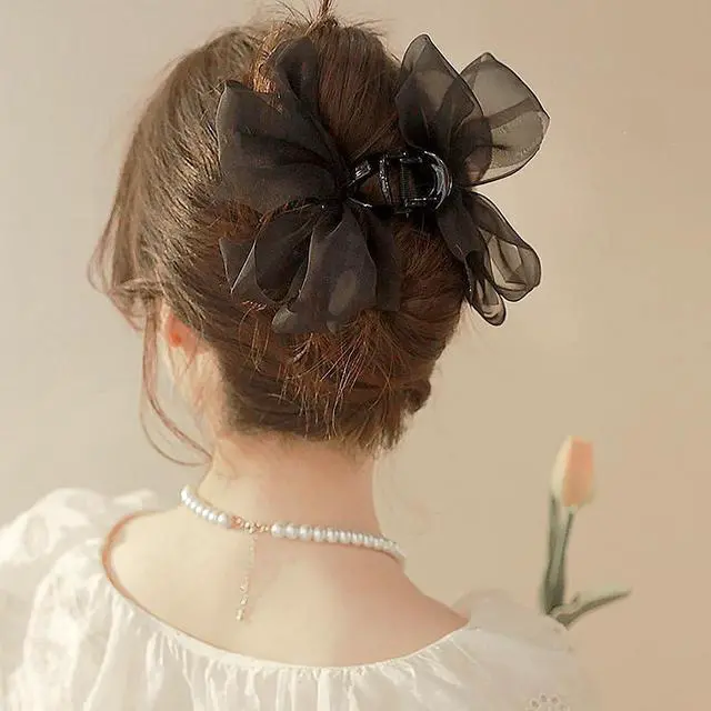 Alt view image 4 of 7 - Black Mesh Tulle Bowknot Hair Claw Clips - Large Chiffon Clips for Women's Thick Hair, Elegant Hair Accessories