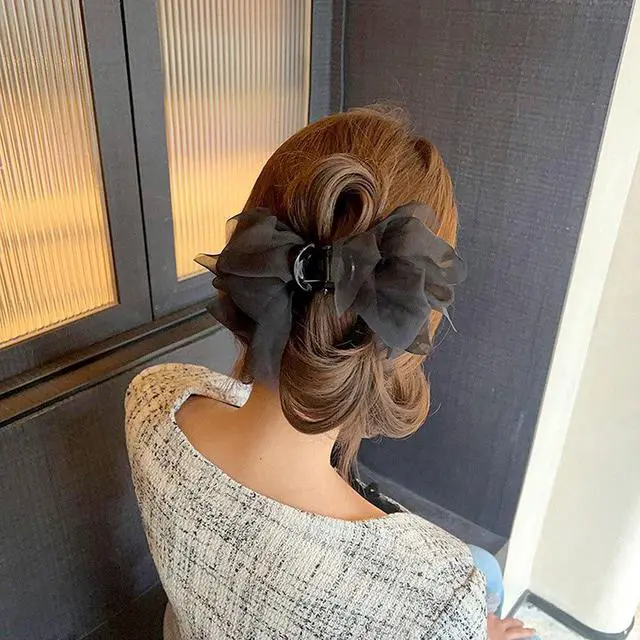 Alt view image 7 of 7 - Black Mesh Tulle Bowknot Hair Claw Clips - Large Chiffon Clips for Women's Thick Hair, Elegant Hair Accessories