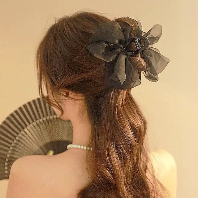 Alt view image 6 of 7 - Black Mesh Tulle Bowknot Hair Claw Clips - Large Chiffon Clips for Women's Thick Hair, Elegant Hair Accessories