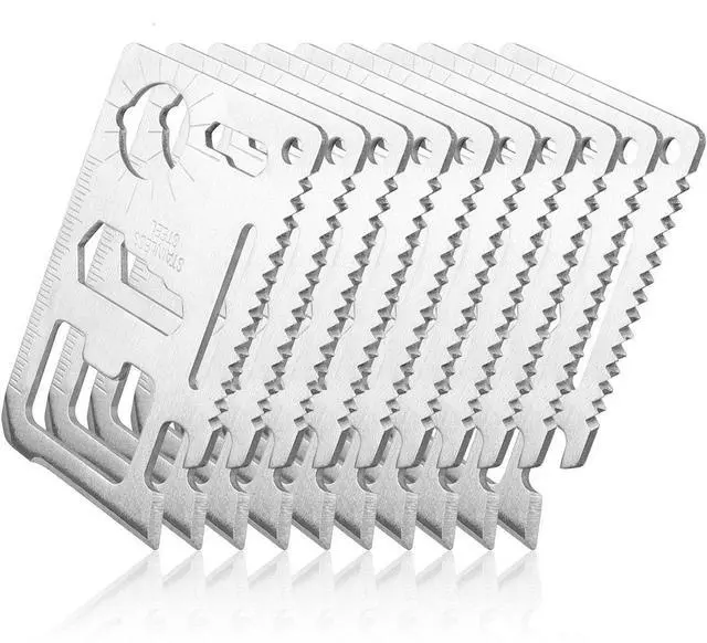 Main image of Credit Card 11-in-1 Survival Pocket Tool, Thickened Stainless Beer Opener steel/Inch Scale/Double Row Sawtooth Pocket Tool for Men (10PCS)