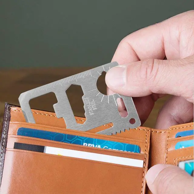 Alt view image 6 of 7 - Credit Card 11-in-1 Survival Pocket Tool, Thickened Stainless Beer Opener steel/Inch Scale/Double Row Sawtooth Pocket Tool for Men (10PCS)